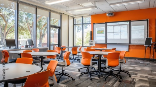 A modern classroom equipped with interactive whiteboards and advanced learning technologies.