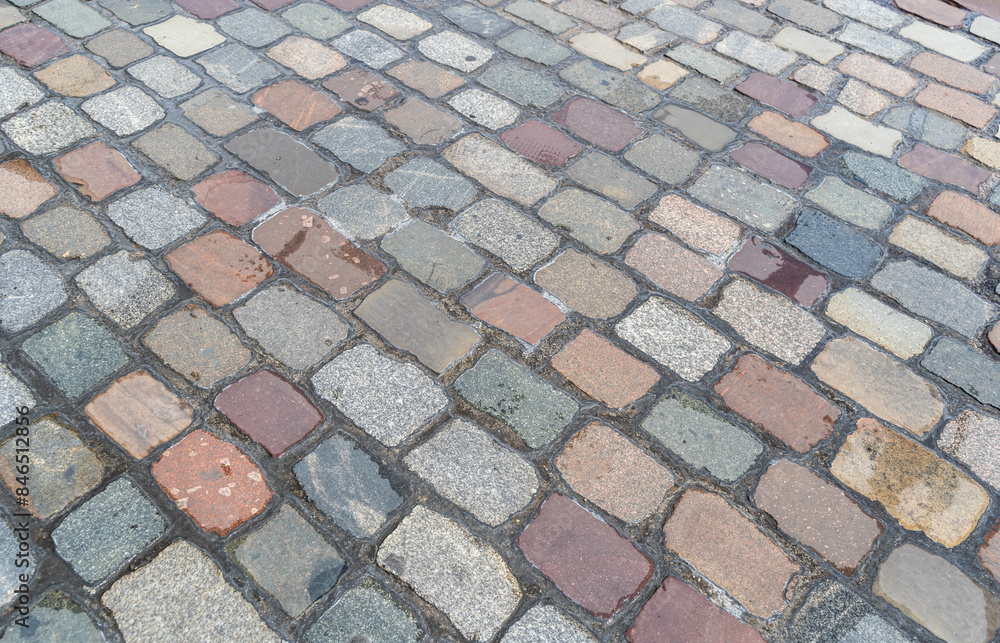 Fototapeta premium Old Stone Pavement Texture Background, Ancient Granite Cobblestone Road Pattern, Block Sidewalk