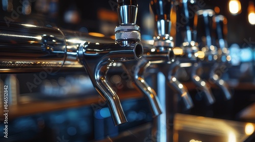 Close shot of beer taps. Bar. Beer advertising