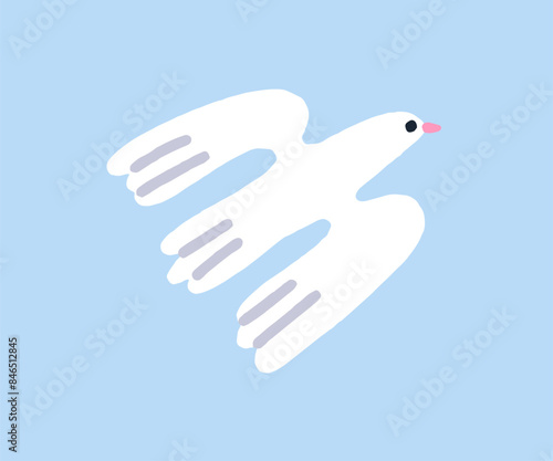 Dove flying in sky, peace and hope symbol. Peaceful tranquil free bird spreading wings. White feathered pigeon flies. Flight, gliding in air, soaring in heaven. Flat graphic vector illustration