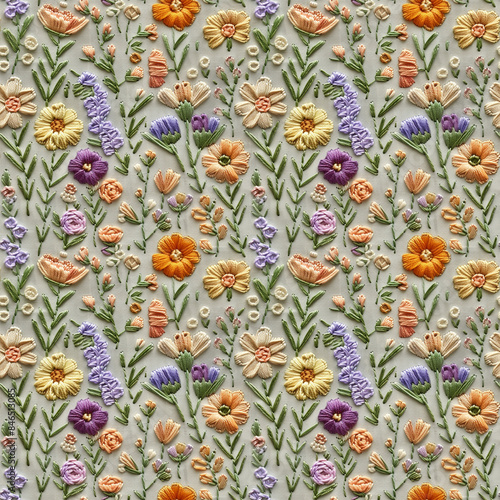Floral embroidery from knitting wool, yarn, seamless pattern.