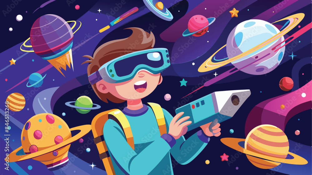 Naklejka premium Girl Immersed in Virtual Reality with Planets and Rockets