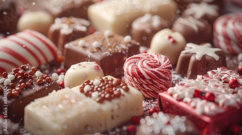 A collection of festive holiday candies, including candy canes, chocolate Santas, and peppermint bark, digitally enhanced for marketing usage, shot with a 70mm lens and depth of field