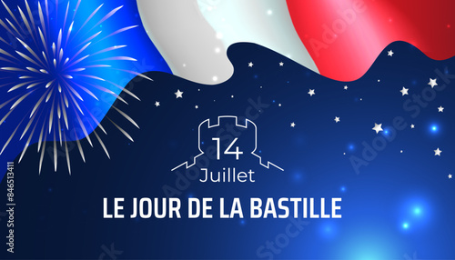 Banner 14 july bastille day in france, poster with french flag, fireworks, stars on dark blue sky background. French national holiday. Waving france flag. Vector. Translation: July 14 Bastille Day