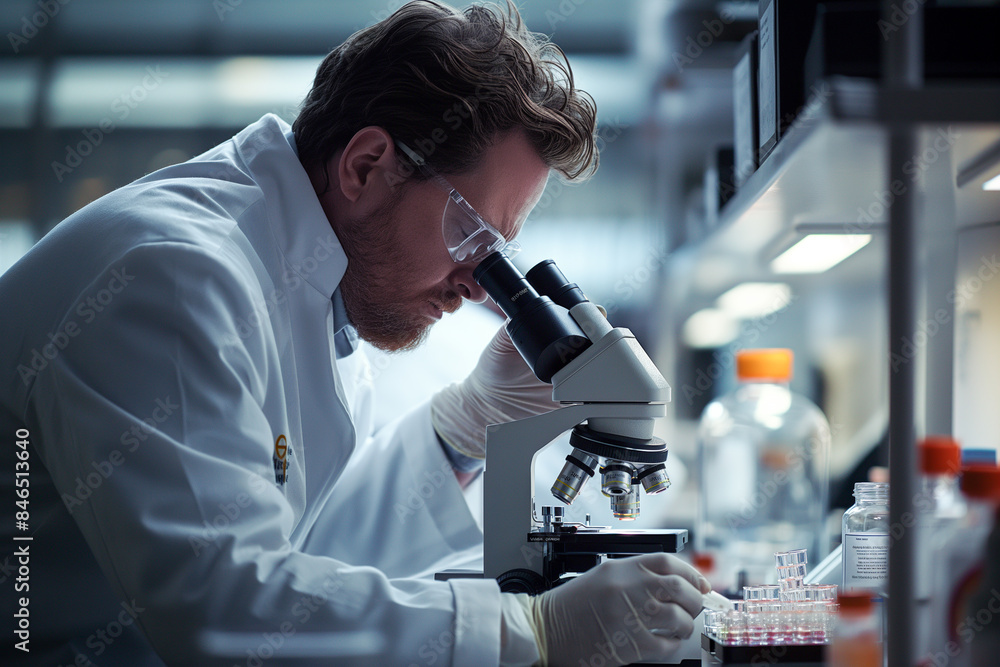 A medical researcher examining microscopic samples under a microscope A medical researcher examining microscopic samples under a microscope