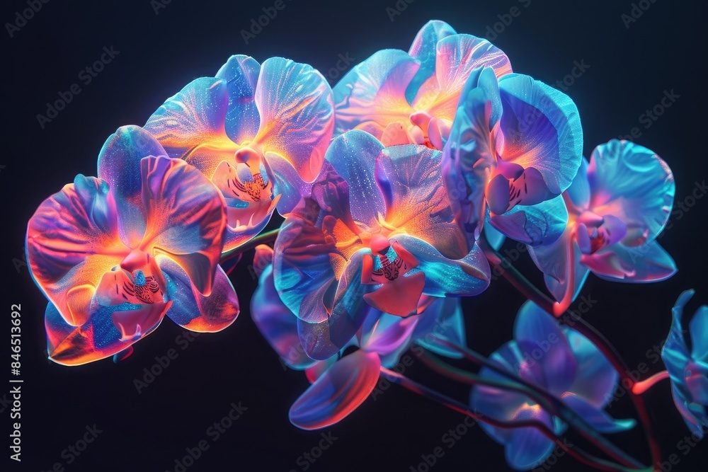 Orchid flowers illuminated by soft, ethereal light against a black background Orchid flowers illuminated by soft, ethereal light against a black background