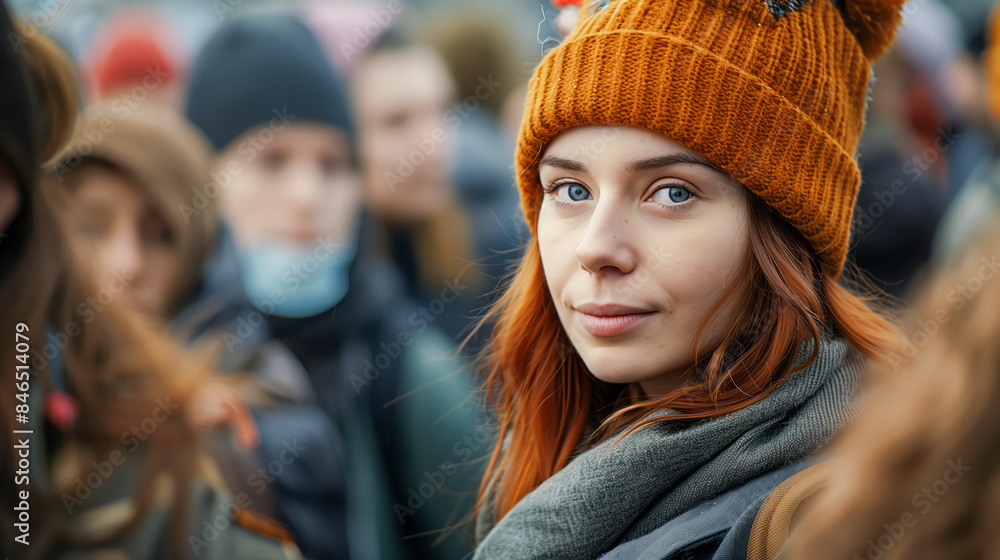 A woman boldly looks at the camera amidst a bustling street crowd, her confident gaze standing out in the throng. A woman boldly looks at the camera amidst a bustling street crowd, her confident gaze standing out in the throng.
