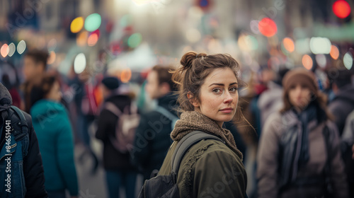 A woman boldly looks at the camera, standing out amidst the bustling street crowd.