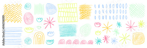 Gentle toddler naive playful shapes. Cute pastel colors aby chalk scribble line textures. Pastel doodle smears, scrawls, textures. Kids vector illustration line drawings. Transparent backdrop like png