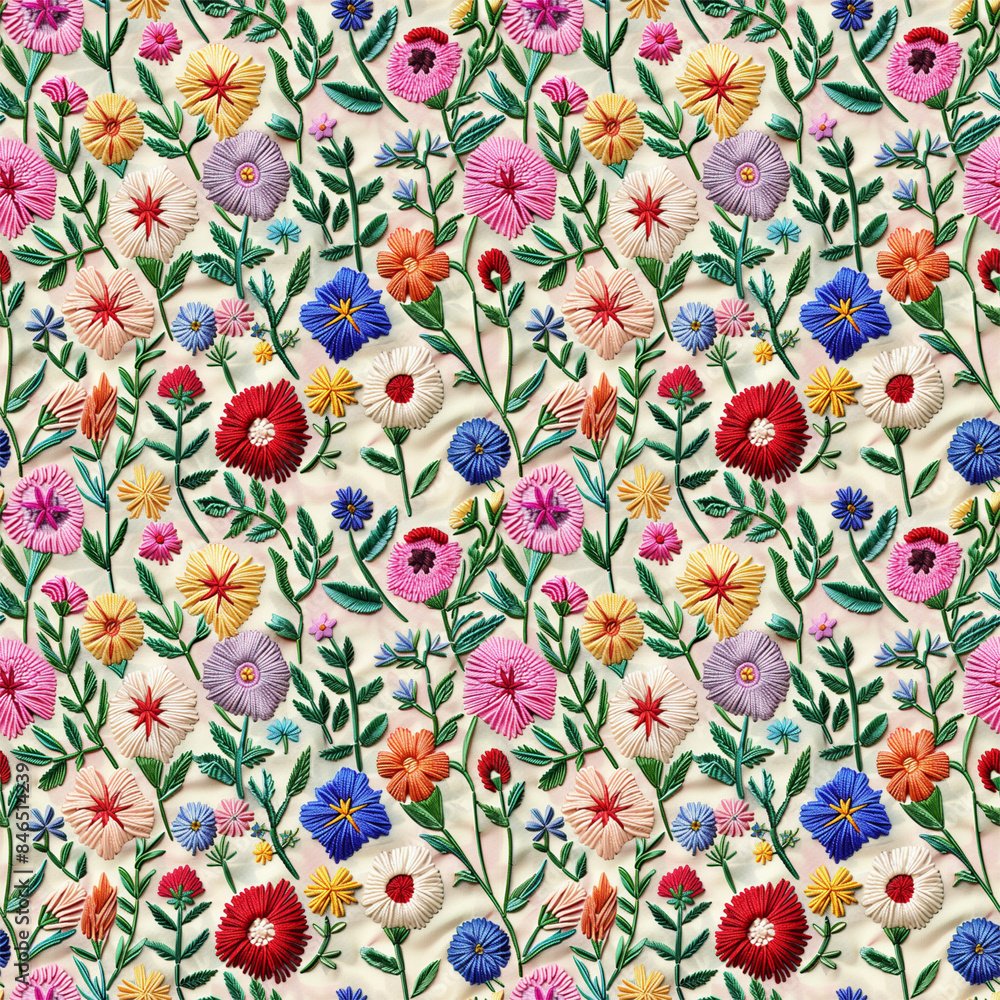 Fototapeta premium Floral embroidery from knitting wool, yarn, seamless pattern.