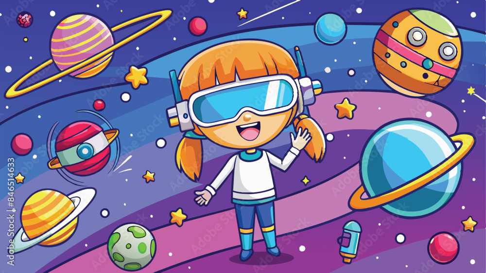 Girl Immersed in Virtual Reality with Planets and Rockets Girl Immersed in Virtual Reality with Planets and Rockets