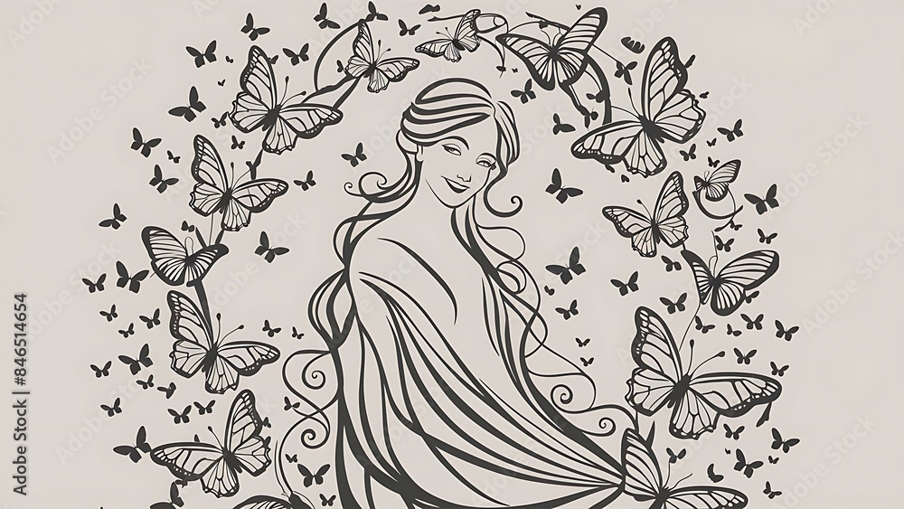 Black Line Art Butterflies Woman Wallpaper Black Line Art Butterflies Woman Wallpaper