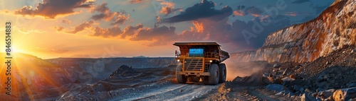 Golden Hour Mining, Heavy Duty Truck at Work in Surface Mine with Sunset Skyline.
