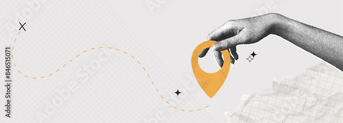 Trendy Halftone Collage Hand holding location pin. Contemporary art with position element. Delivery route. Travel way and find trip. GPS point navigation. Transport logistic. Vector illustration