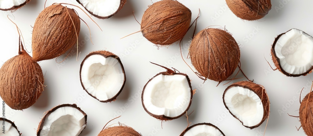 Top view of fresh whole and halved coconuts and slices against a white background. Top view of fresh whole and halved coconuts and slices against a white background.