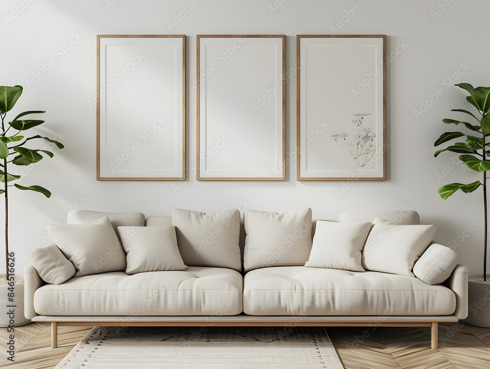 Interior room with sofa and gallery frames mockup Interior room with sofa and gallery frames mockup