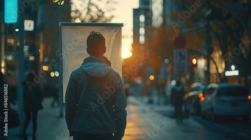 Persona passeggia al tramonto in una strada del centro photo