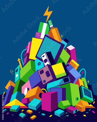 The colors of the ewaste pile resemble a ly neon rainbow as discarded devices from all over the world converge in one place.. Vector illustration