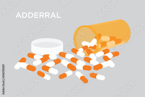 Vector of Adderral hyperactivity and impulse control medicine capsules falling out of a bottle