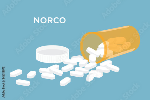 Vector of Norco narcotic pain medicine pills falling out of an orange prescription bottle