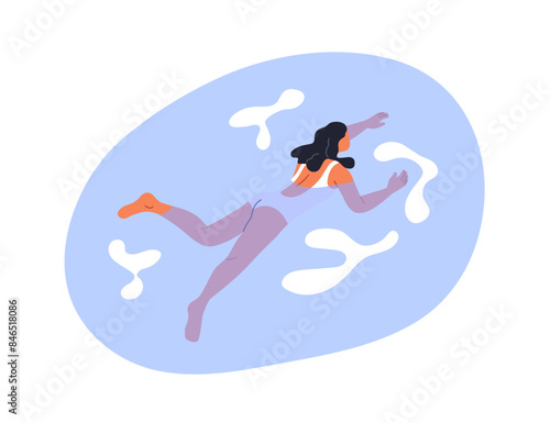 Woman swimming in water pool on summer vacation. Bathing in sea on holiday. Female swimmer tourist, leisure activity, recreation, relaxation. Flat vector illustration isolated on white background