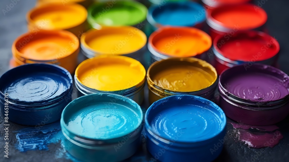 A row of paint cans in various colors, including blue, yellow, and red A row of paint cans in various colors, including blue, yellow, and red