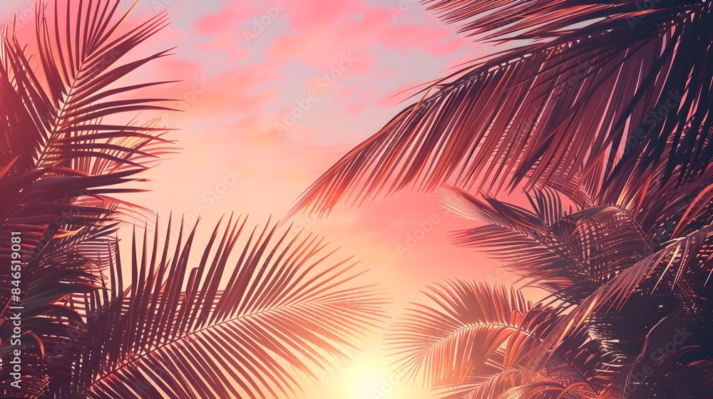 Serene Sunrise Through Tropical Palm Leaves Against Pastel Sky Serene Sunrise Through Tropical Palm Leaves Against Pastel Sky