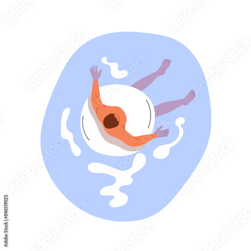 Swimming in inflatable rubber ring. Man floating in tube in water pool, top aerial view. Summer holiday leisure, vacation recreation, relaxation. Flat vector illustration isolated on white background