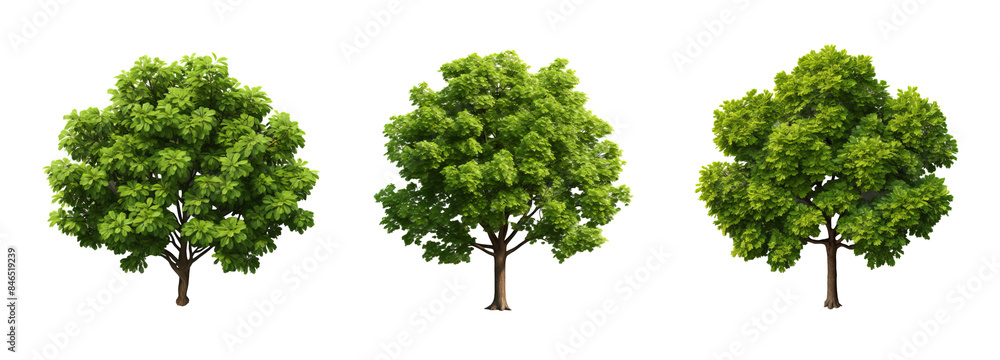Fototapeta premium Three Lush Green Trees with Dense Foliage Isolated on Transparent Background