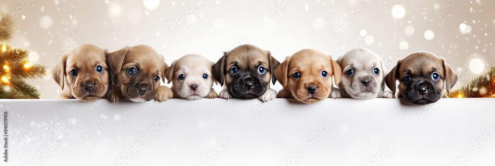 A cute puppies peeking out from behind a white board. Dogs with a defocused background. Promotional banner for animal shelter, pet shop or vet clinic. A cute puppies peeking out from behind a white board. Dogs with a defocused background. Promotional banner for animal shelter, pet shop or vet clinic.