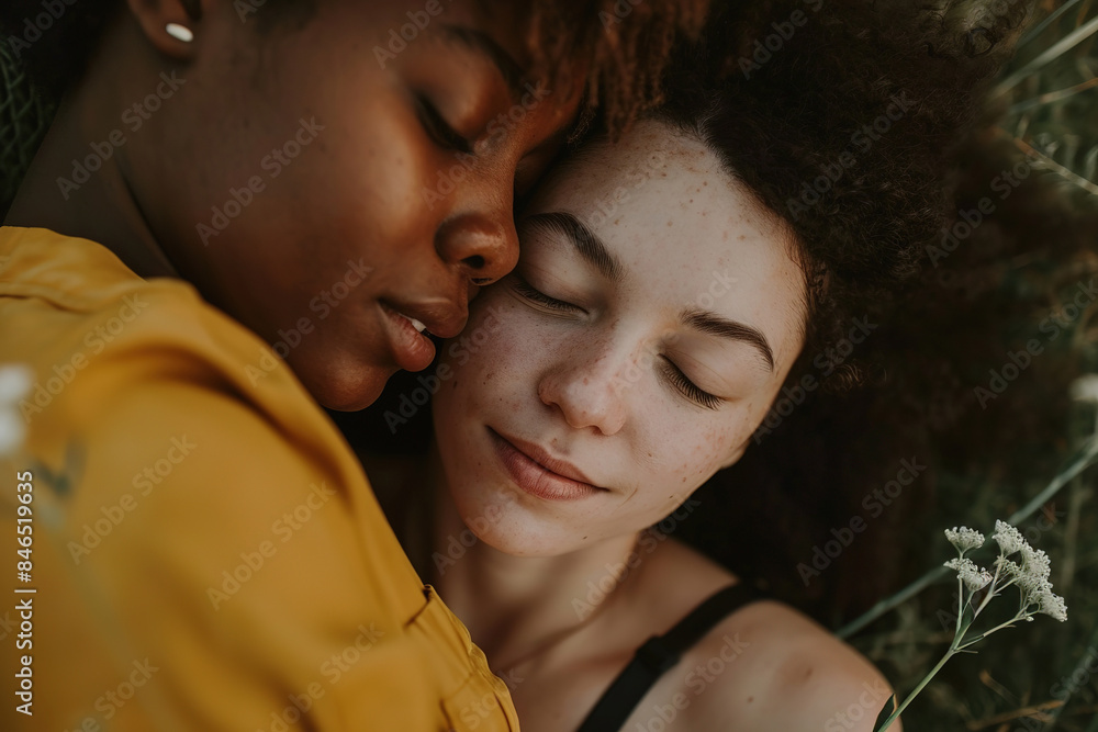 Fototapeta premium LGBTQ couple. Intimate moment of diverse young women
