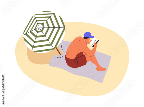 Reading book on sand beach. Man relaxing, sunbathing on summer vacation. Pers...