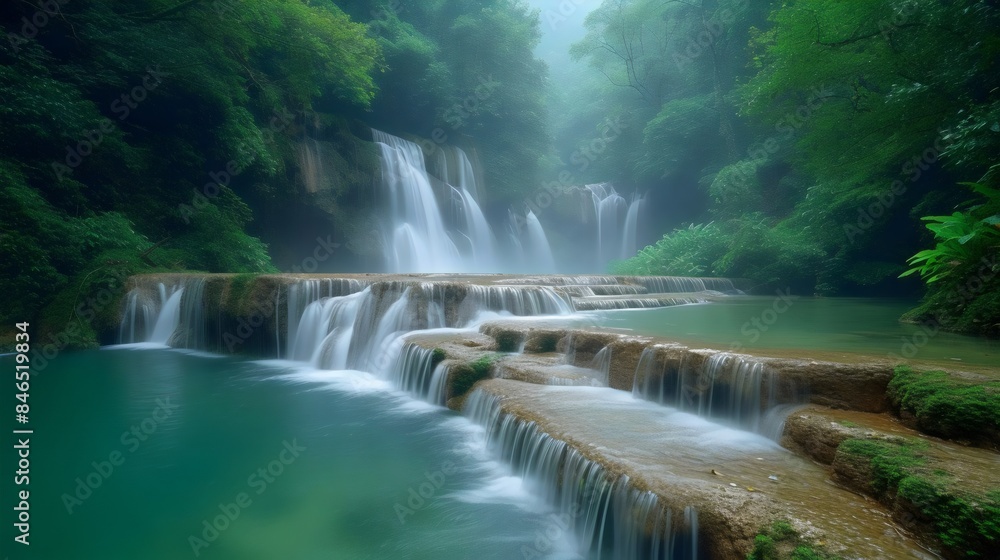 Fototapeta premium A beautiful waterfall is surrounded by lush green trees and a calm body of water