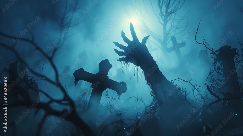 Obraz premium Zombie Hand Emerging from the Grave in a Spooky Cemetery, Generative AI