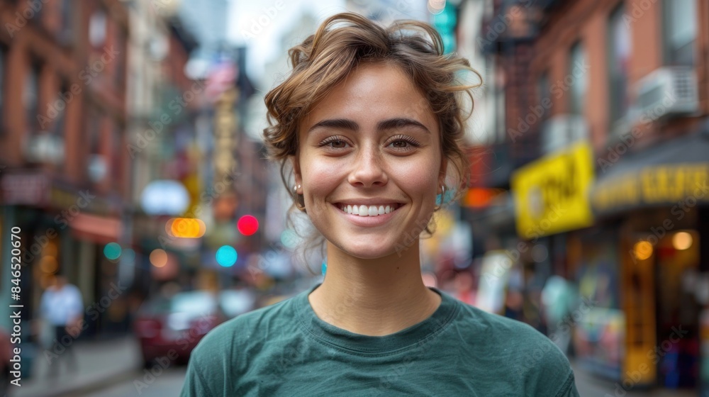 A young woman smiles brightly against a backdrop of a bustling city street A young woman smiles brightly against a backdrop of a bustling city street
