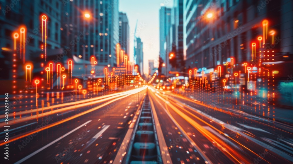 An abstract depiction of a city at night, illuminated by vibrant streaks of light and digital overlays An abstract depiction of a city at night, illuminated by vibrant streaks of light and digital overlays