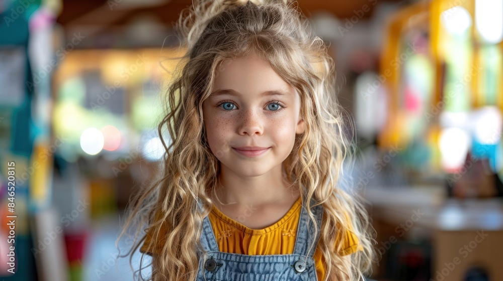 A young girl with long, golden curls smiles brightly as she stands indoors in a colorful setting A young girl with long, golden curls smiles brightly as she stands indoors in a colorful setting