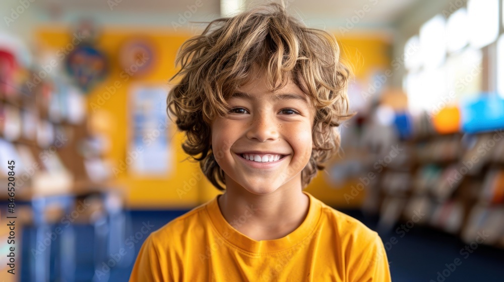 A young boy with curly hair smiles brightly in a classroom, the sunlight streaming in behind him A young boy with curly hair smiles brightly in a classroom, the sunlight streaming in behind him