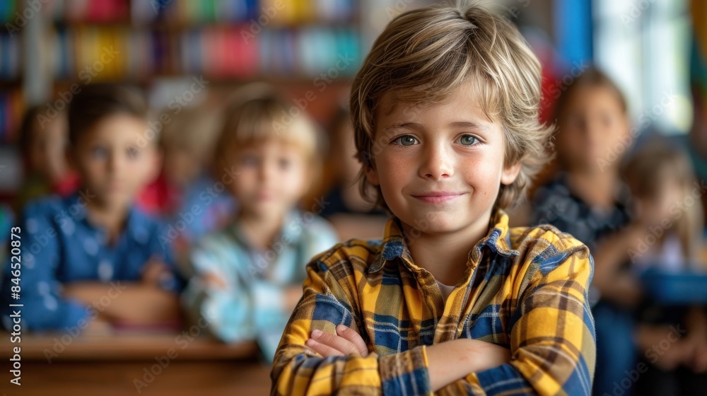 Boy in plaid shirt smiles at camera in classroom Boy in plaid shirt smiles at camera in classroom