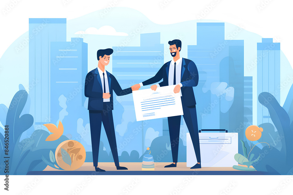 Two entrepreneurs successfully signed a project co-operation agreement contract, illustration of business concept Two entrepreneurs successfully signed a project co-operation agreement contract, illustration of business concept