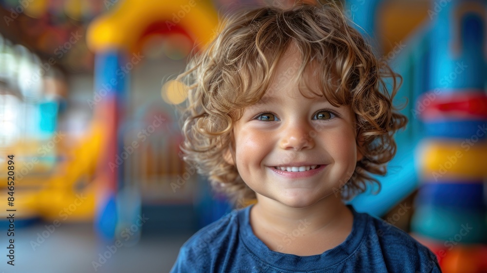 A close-up portrait of a young boy with curly hair, smiling brightly while at an indoor playground A close-up portrait of a young boy with curly hair, smiling brightly while at an indoor playground