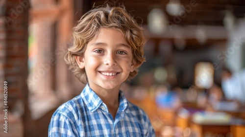 A young boy in a blue plaid shirt smiles brightly at the camera, sitting in a bustling cafe