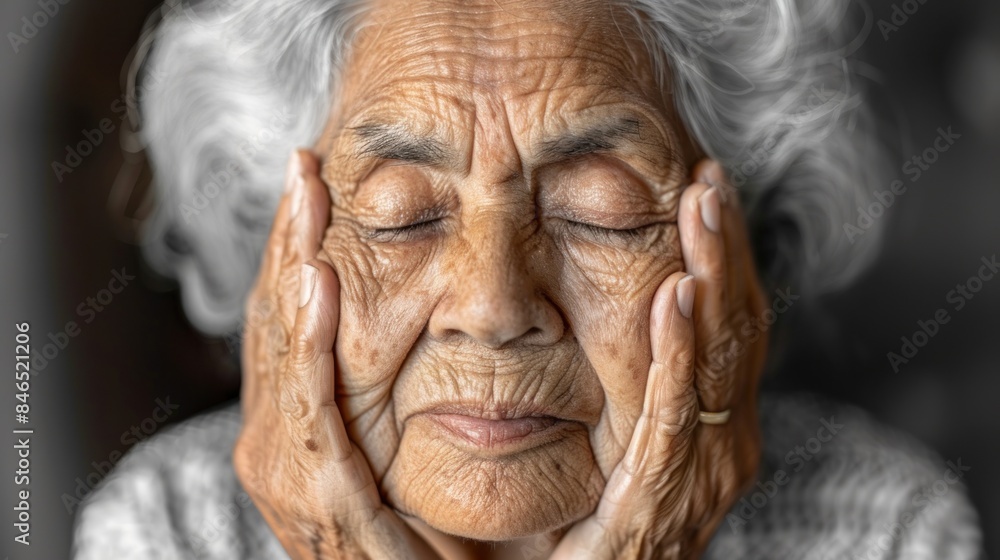 A close-up portrait of an elderly woman with her eyes closed, her hands resting gently on her face A close-up portrait of an elderly woman with her eyes closed, her hands resting gently on her face