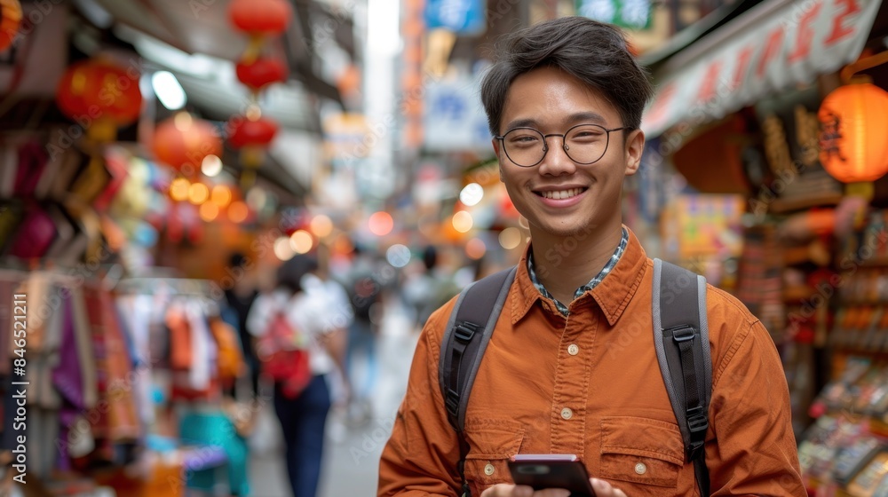 A young man wearing glasses and a backpack smiles as he uses his phone in a vibrant marketplace A young man wearing glasses and a backpack smiles as he uses his phone in a vibrant marketplace