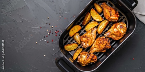 Golden crispy chicken and potato wedges in a modern air fryer. The dish is well-seasoned, and the presentation highlights the appealing texture and color of the cooked food.