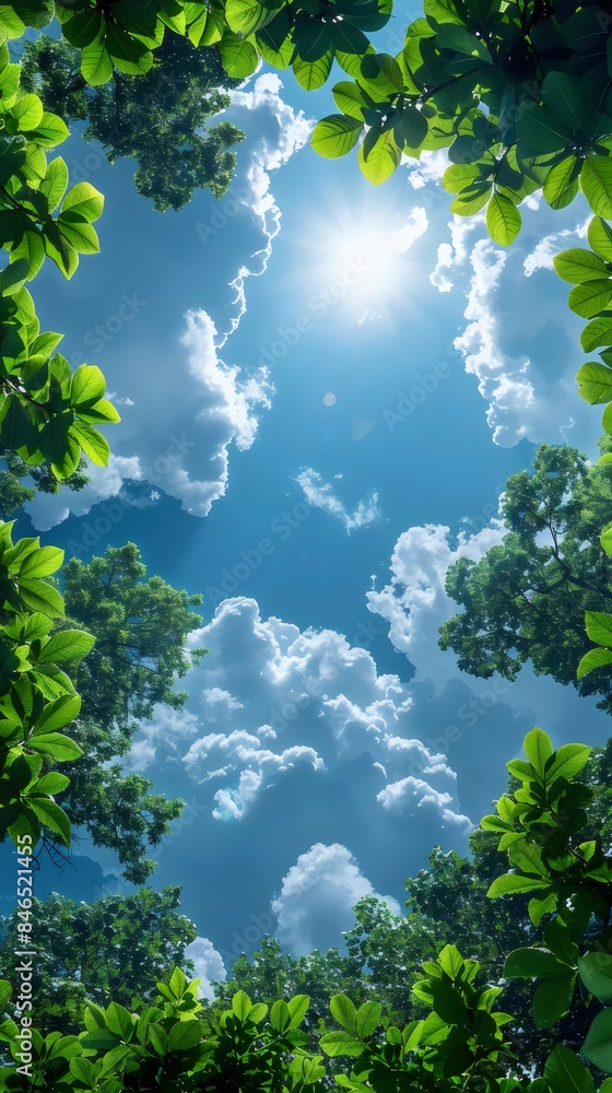 A beautiful blue sky with clouds and a sun shining through the leaves of a tree A beautiful blue sky with clouds and a sun shining through the leaves of a tree