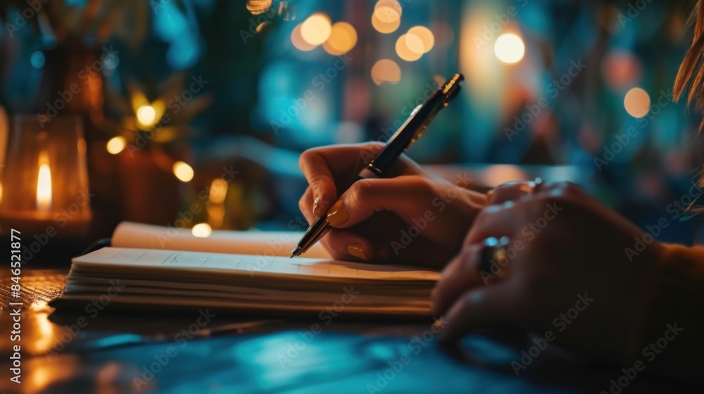 writing and notebook for working at night on creative ideas, strategy or schedule at a desk. Closeup of entrepreneur woman with pen and notes for planning, information or goals for a project writing and notebook for working at night on creative ideas, strategy or schedule at a desk. Closeup of entrepreneur woman with pen and notes for planning, information or goals for a project