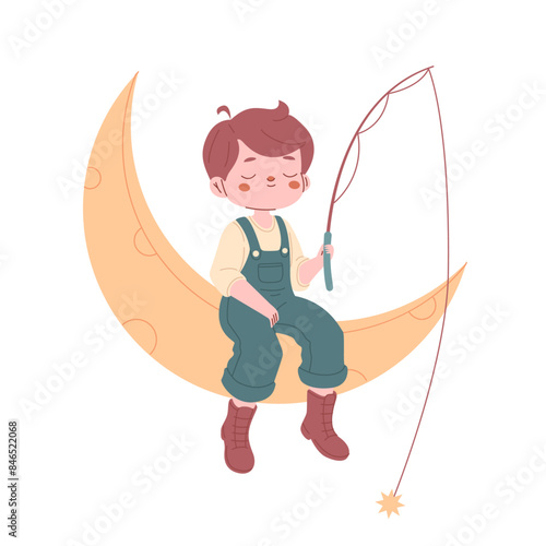 Boy in overalls with fishing rod sits on crescent. Kid character on moon