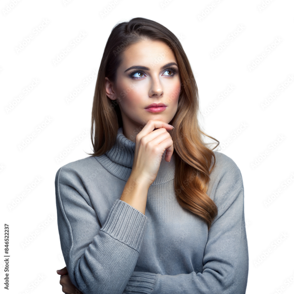 Thoughtful young woman in a sweater with a contemplative expression Thoughtful young woman in a sweater with a contemplative expression