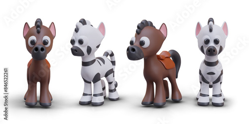 3D horse with saddle and zebra in cartoon style. Front and side view photo